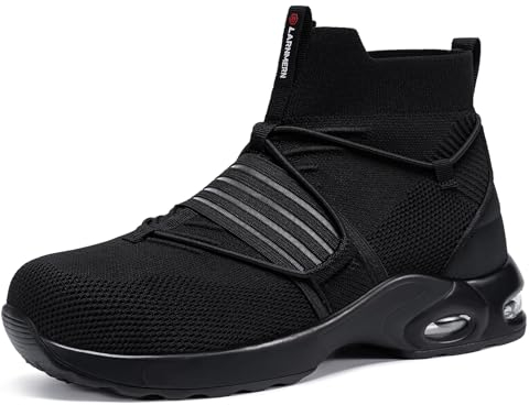 LARNMERN Work Boots Mens Steel Toe Cap Boots Lightweight Slip On Safety Shoes Work Security Breathable Work Shoes High Top (Black, 10UK/44EU)