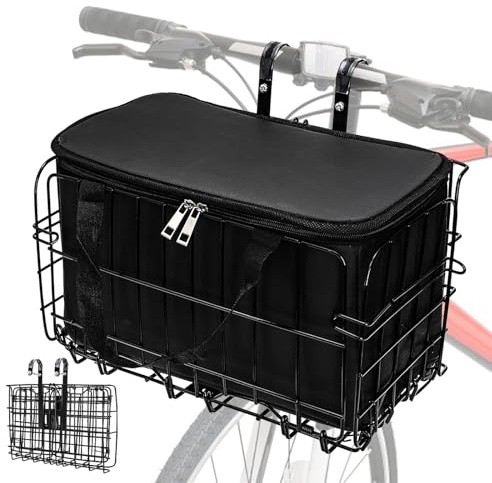 Suwimut Folding Bike Basket, Metal Front Handlebar Bicycle Basket Bike Frame Basket, Wire Mesh Fold-Up Detchable Front Bag Rear Hanging Bike Basket for Mountain Bike Accessories
