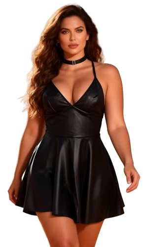 comeondear Vestido Sexy Mujer Cuero PU Verano Talla Grande | Mini-Vestido Fiesta Bodycon de Cortos Lencería Sexy Cuello en V Profundo Tirantes Conjunto Sin Espalda Clubwear Cóctel Ropa