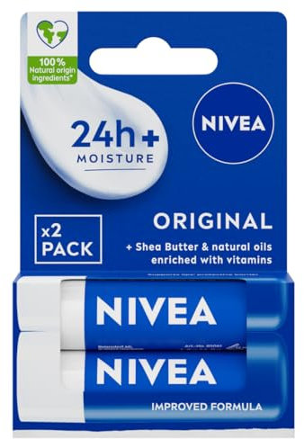 NIVEA Original Care Duo Pack Lip Balm (2x 4.8g), Lip Moisturiser Deeply Hydrates for 24h+, 100% Natural Origin Ingredients, Shea Butter, and Vitamins, Lip Care