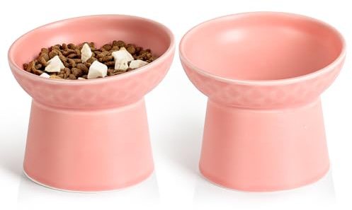 YauYik Ceramic Raised Cat Bowls, Elevated Tilted Cat Food and Water Bowls Set, Stress Free Pet Feeding Dish for Indoor Cats and Small Dogs, Anti Vomiting, Pink, 2 Pack