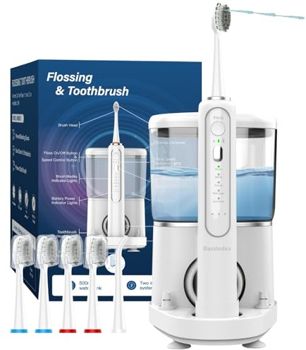 Electric Toothbrush and Water Flosser - Water Flossers for Teeth Electric Cleaning Brush with 5 Replacement Brush Heads, 5 Brush Modes, 17 Oz, 3 Stage Floss Tooth Brush 3 in 1 Teeth Cleaning Kit