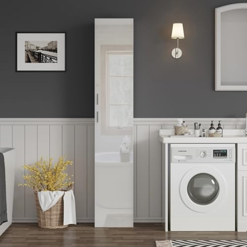 LSBIKE 190cm Tall White High Gloss Bathroom Cabinet – Freestanding Slim Storage Unit with 2 Doors & 4 Shelves (35 x 29 x 190 cm) (White)