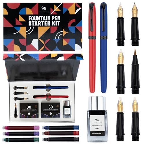 Wordsworth & Black Coffret stylo-plume, kit de calligraphie, bleu | Stylo pinceau + 5 pointes, 60 cartouches d'encre + flacon d'encre, convertisseur, écriture, rechargeable