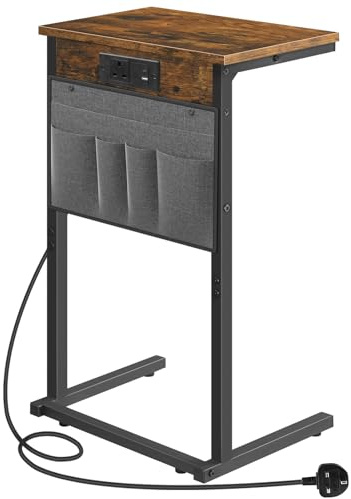 HOOBRO C Shaped Side Table, Bedside Table with Charging Station, Slim Sofa Side Table with Storage Bag, Small Table Laptop Tables with Metal Frame Coffee Table for Small Space, Rustic Brown EBF70KSF01