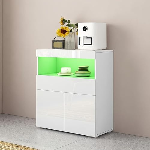 Sideboard,Buffetschrank,Kommode mit 2 Türen und 1 Schubladen,Hochglanz TV Schrank Highboard mit LED-Beleuchtung,Aufbewahrungsschrank mit offenem Fach für Esszimmer Wohnzimmer 80x35x90cm (Weiß)