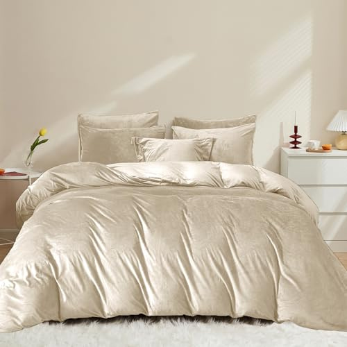 Covebett Flannel Bed Linen 135 x 200 cm 4-Piece Beige Plain Winter Warm Shaggy Coral Fleece Winter Bed Linen Fluffy Cashmere Touch Velvet Flannelette 2 Duvet Covers with Zip and 2 Pillowcases 80 x 80