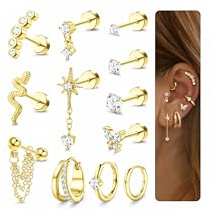 LOYALLOOK 20G Cartilage Earrings for Women Hypoallergenic Surgical Stainless Steel Stud Hoop Cartilage Earring Set 14K Gold Plated Flat Back Earrings Daith Conch Tragus Helix Piercing Jewelry Single A