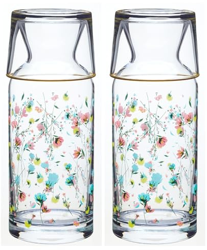 Wrenbury Bedside Water Carafe and Glass Set of 2-700ml Glass Pitcher with Cup - Stylish Decanter Jug for Bedroom and Dining - Flora Design