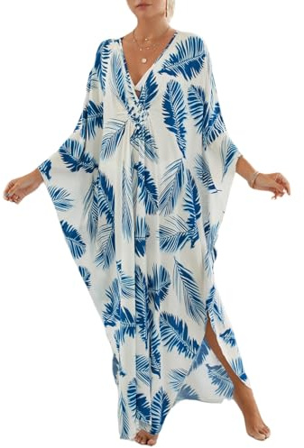 TISDEN Women Kaftan Dresses Plus Size Batwing Sleeve Print Swimsuit Cover Up Caftan Loungewear Beach Dress Blue Leaf
