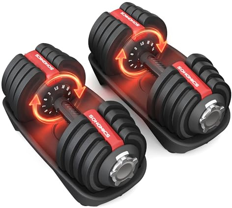 SONGMICS Set da 2 Manubri Regolabili 12 in 1, Kit Pesi da 1,5 a 18 kg, Compatto, Impugnatura Antiscivolo, Basi di Appoggio, Fitness e Allenamento di Forza a Casa, Nero e Rosso SYL536R101