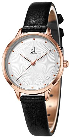 SHENGKE Uhren für Damen Quarzuhr für Damen wasserdichte Armbanduhr mit Lederband Schwarz