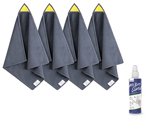 loukin Whiteboard-Reinigungstuch, Magnetisch, trocken abwischbar, für Klassenzimmer, Zuhause und Büro, wiederverwendbar und waschbar, Grau, 30,5x30,5 cm, inklusive 100 ml Whiteboard-Reiniger, 4 Stück