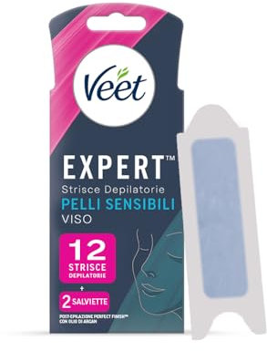 Veet Expert Strisce Depilatorie Viso, Ceretta per Pelli Sensibili con Olio di Mandorla, Dermatologicamente Testate, 12 Strisce (6x2 Strisce) + 2 Salviette Post-Epilazione con Olio D'Argan