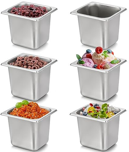 TOPZEA 6 Pack Hotel Pans, 1/6 Size 6 Deep Stainless Steel Steam Steam Table Pan Commercial Heavy Duty Catering Pan for Buffet Serving, Food Prep, Salad & Ice Cream Bar, Restaurant, Dishwasher Safe
