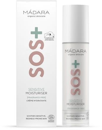 MÁDARA Organic Skincare | SOS+ Sensitive Lightweight Moisturiser, 50ml – For Redness-Prone & Reactive Skin, with Hyaluronic Acid & Red Algae, Fragrance-Free
