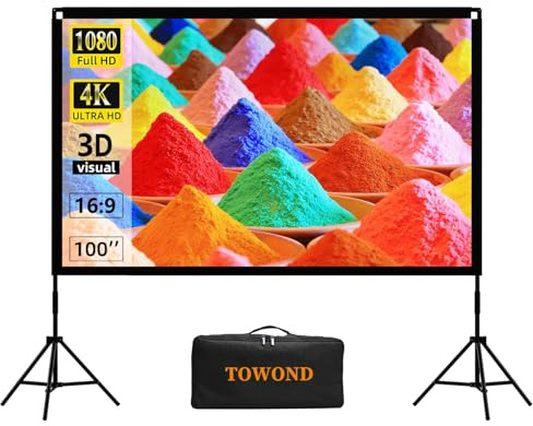 Projector Screen and Stand, Towond 100 inch Portable Movie Screen Indoor Outdoor 16:9 HD Front Rear Projection Screen with Carry Bag Wrinkle-Free and Foldable Polyester Fabric Design for Home Cinema