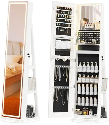 TJYGO Mirror Jewelry Cabinet Standing, Jewelry Armoire with Full-Length LED Mirror and Adjustable Lights, 360° Swivel Jewelry Organizer Storage, White