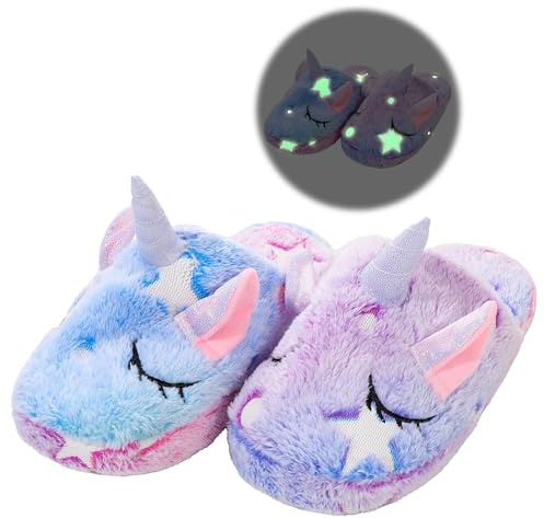 WAFUNNE Pantuflas de unicornio para niños que brillan en la oscuridad, zapatos luminosos para interiores, Purple, 27/28 EU