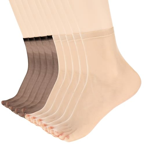 Teleco 10 Paia Calze di Nylon Corte Calzini Donna Traspiranti Estive Calze Popolari Calzini Glitter Donna Tradizionali Seta Calzini Trasparenti per Gonna per Donne Ragazze (Nero, Colore Pelle)