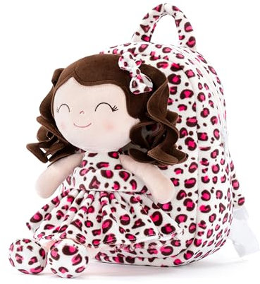 Gloveleya Girls Backpack Baby Gifts - Curly Hair Plush Removable Doll, Birthday Gift for Baby Girl Age 1-3, Preschool Daycare Essentials Carrier, Cute Pink Leopard Print 9