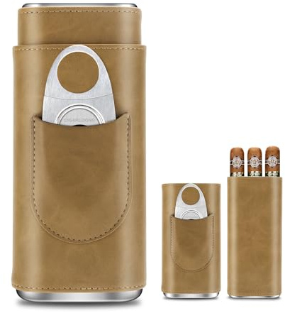 CIGARLOONG Cigar Humidor Set, Portable Leather Cigar Case with Stainless Steel Cigar Cutter, Cedar Wood Lined Cigar Humidor Case 3 Holder,Cigar Gift for Men (Brown 2)