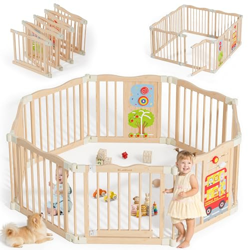 Foldable Wooden Playpen - Adjustable Wood Baby Play Yard with Child-Proof Lock, Indoor Large Safety Fence for Babies and Toddlers - Easy Assembly, 55 x 55 x 24 inches, Natural Animal Bus