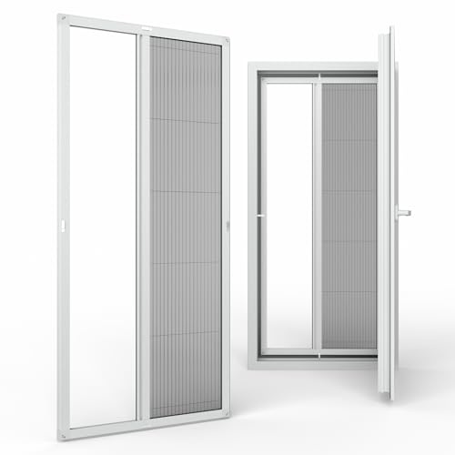 Plissee Fliegengitter Insektenschutztür nach Maß ohne Bohren – Klemmmontage für Balkontür, Schiebetür oder Terrassentür – Aluminium, Fiberglas, Weiß, Grau