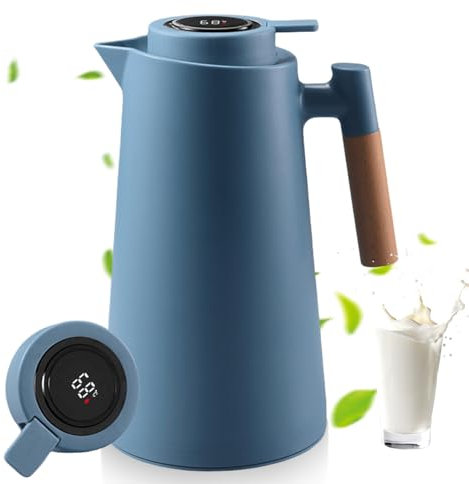 Thermos à thé 1 l avec affichage de la température, cafetière isotherme avec poignée en bois, théière thermique, avec bouton de sécurité simple, pour la maison, l'hôtel, le bureau, bleu