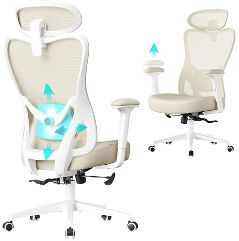 SONGMICS Sedia da Ufficio Ergonomica, Sedia da Scrivania Computer, Poggiatesta e Supporto Lombare Regolabili, Portata Fino a 150 kg, Regolabile in Altezza, Beige Sabbia OBN066LF01