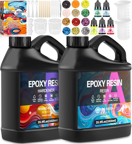 BBLTIFF 2040ml Resina Epossidica Trasparente, Resina Epossidica 1:1 Kit Resina Epossidica Completo Con Colori, Bastoncini, Cucchiai, Guanti, Misurini, Pinzette, Brillantini, Per Artigianato