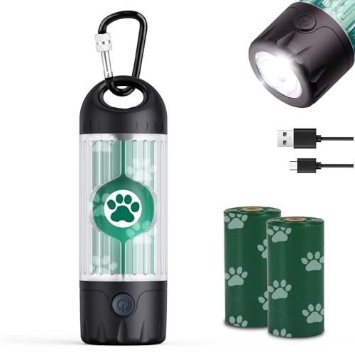 Tubasion Hunde Kotbeutelspender mit Taschenlampe 7-Farben, USB-C Wiederaufladbar kotbeutelhalter, IPX6 Wasserdicht Hundekotbeutel Hundelicht Für Leine, Gassigehen(1Kotbeutelspender, 30 Plastik Beutel)