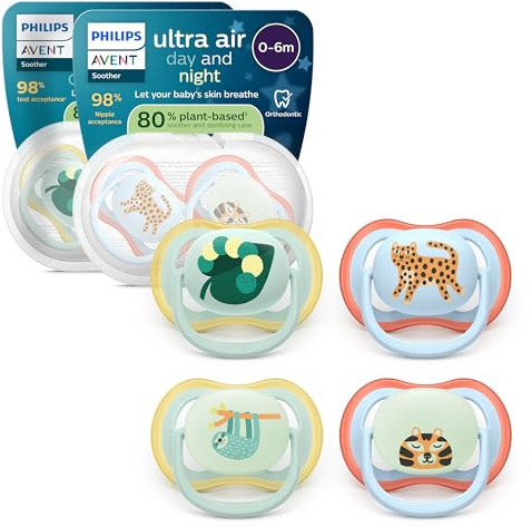 Philips Avent chupetes ultra air para día y noche: diseño anatómico, para bebés de 0 a 6 meses, modelo que brilla en la oscuridad, tetina simétrica de silicona suave, sin BPA, paquete de 4, SCF087/22