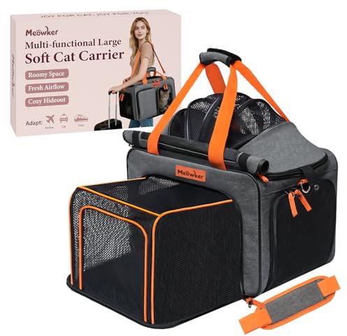 Meowker Cat Pet Carrier Soft Sided Bag Airline Approved, Foldable Travel Large Carrier for Small Kittens Medium Cats Up to 13 Lbs, Expandable Carrying Case for Car, Comfortable for Transport
