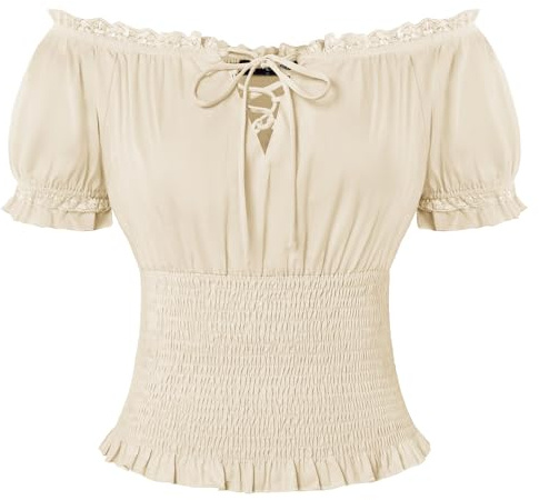 SCARLET DARKNESS Womens Summer Tops Cotton Short Sleeve Smocked Blouses Lace-up Off Shoulder Renaissance Pirate Shirts