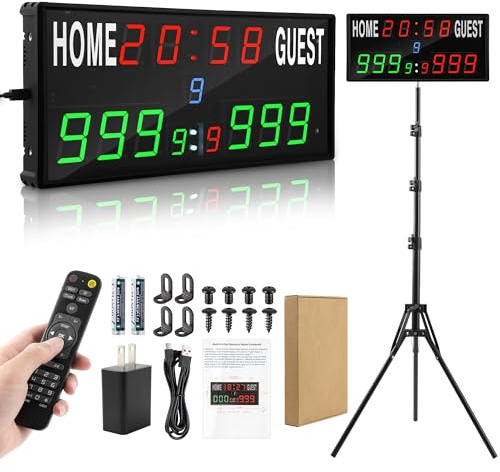 Faweskiy Upgraded Electronic Scoreboard Digital Score Keeper with Remote & Tripod, Basketball Scoreboard Sports Score Ticker with Timer 12/24h Real Time for Football/Corn Hole/ping Pong/Table Tennis