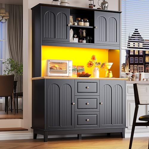 LPdorbe Armoire Cuisine 120×40×180 cm avec Éclairage LED, Buffet Haut Vaisselier, 4 Portes et 3 Tiroirs, Étagères Réglables, Anti-basculement pour Cuisine et Salon, Noir