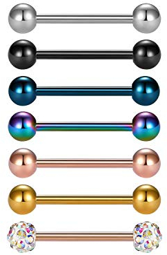 vcmart 7er Zungenpiercing Barbell Set aus 316L Chirurgenstahl 12mm
