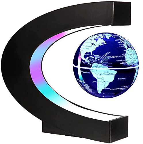 YAVOCOS Magnetische Schwebender Globus 7 Farblichter, C-Förmiger Automatisch Rotierender Globus, Leuchtende Weltkarten Desktop Dekoration, Geburtstagsgeschenk