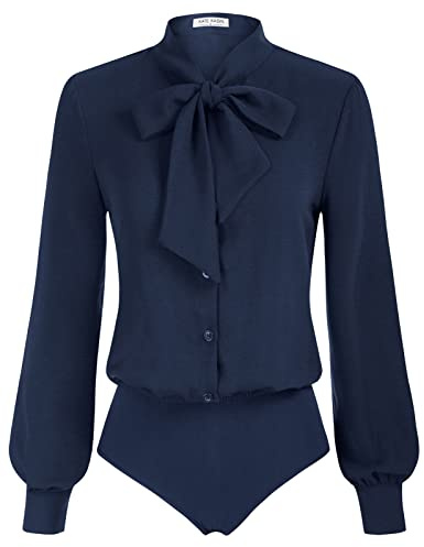 Kate Kasin Navy Long Sleeve Body Suits Womens Button Up Work Shirt Business Casual Outfits Fall Tops Bow Tie Blouse S