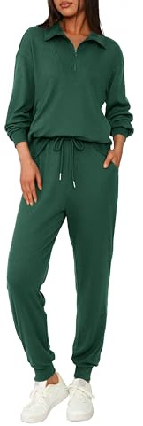 BTFBM - Conjunto deportivo de 2 piezas para mujer, de manga larga, con media cremallera, para otoño, para descansar, Verde Oscuro Sólido, M