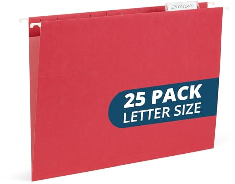 25 Blue Summit Supplies Red Hanging File Folders Letter Size – Durable 11pt Paper, Plastic Tabs and Inserts Included, Fits Standard Filing Cabinets and Desktop Organizers