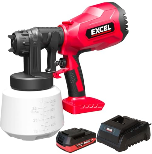 Excel 18V Cordless 1000ml Spray Gun with 1 x 2.0Ah Battery & Charger - 1000ml Tank Capacity, 2 Size Nozzles,3 spray patterns,Cleaning Needle & Brush, 18V Spray Gun