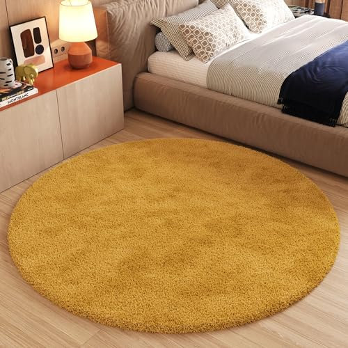 TAPISO Essence Alfombra Redonda Shaggy Pelo Largo Moderna Amarillo Mostaza Monocolor Alfombra Salón Dormitorio Adulto Niño Cama Escritorio Suave Super Suave Grueso Oeko-Tex 120 x 120 cm
