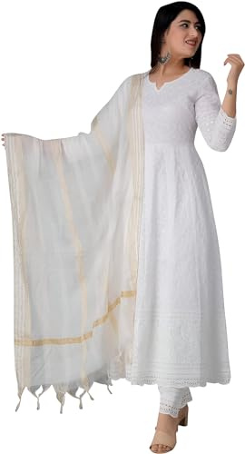 INDACORIFY Kurti indiano Chikankari in cotone per donna, abito estivo Kurta pant con set Dupatta, Kurta lungo-piccolo pakistano (S)