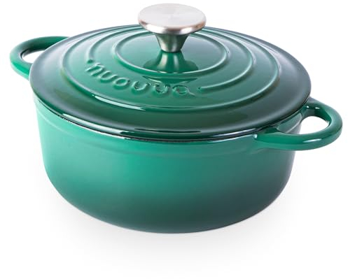 Casseruola in Ghisa Smaltata, Pentola Olandese Antiaderente con Coperchio, Induzione/Gas/Forno, Cottura Omogenea – 2.1 Liter 20cm Verde Scuro – da Nuovva