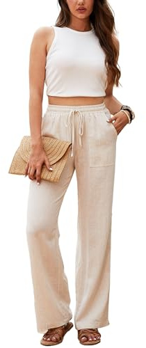 Beautiful Nomad Women's Linen Pants High Waisted Straight Pant Casual Flowy Wide Leg Drawstring Trousers with Pockets Beige
