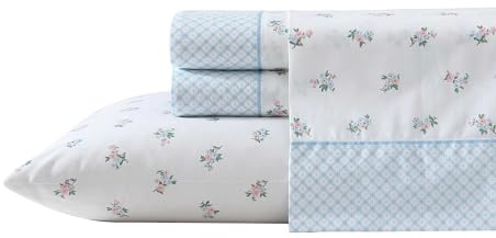 Laura Ashley - Sheet Set, Breathable Percale Cotton Bedding, 200 Thread Count, Deep Pocket, Chic Home Decor (Harperette Blue, King)