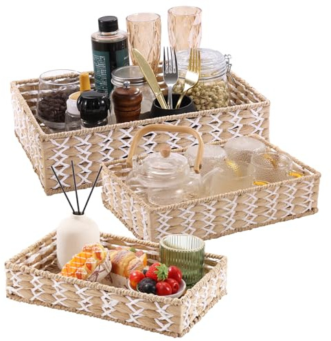 Körbe Aufbewahrung Geflochten zum Organisieren, 3er Set Aufbewahrungskörbe für Regale, Stapelbar Flechtkörbe, Handgefertigte Aufbewahrungsboxen für Schlafzimmer, Küchen, Büros und Wohnzimmer
