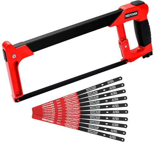 MAXPOWER Metallsäge 300 mm, Handsäge mit 10 Ersatzblättern, Bimetall-Bogensäge mit 45 °/90 ° Schnittwinkeln, Eisensäge für Metall, Holz, Stahl, PVC-Rohr,Gefrorenem Fleisch, Profi Metallsäge